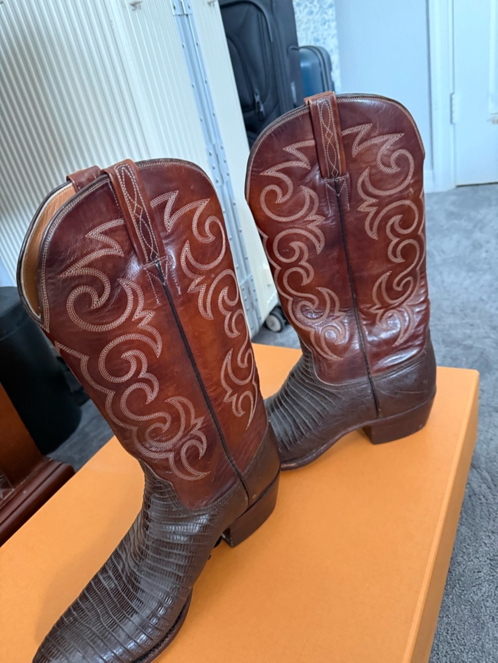 Lucchese Brown Leather Western Boots with Embroidered Shaft